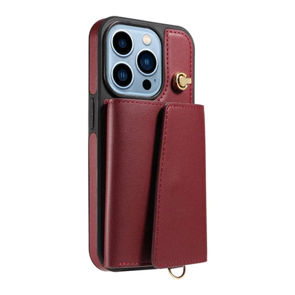 For iPhone 13 Pro Max Crossbody Phone Case Card Holder Kickstand Leather Coated TPU Mobile Cover
