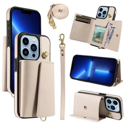 For iPhone 13 Pro Max Crossbody Phone Case Card Holder Kickstand Leather Coated TPU Mobile Cover - Beige