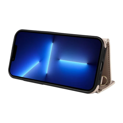 For iPhone 13 Pro Max Crossbody Phone Case Card Holder Kickstand Leather Coated TPU Mobile Cover