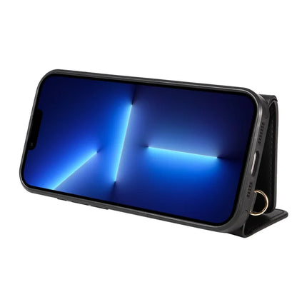 For iPhone 13 Pro Max Crossbody Phone Case Card Holder Kickstand Leather Coated TPU Mobile Cover