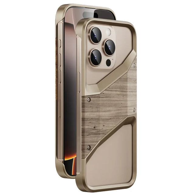For iPhone 15 Pro Max Bumper Case Aluminum Alloy Wood Frameless Heat Dissipation Phone Cover - Desert Gold
