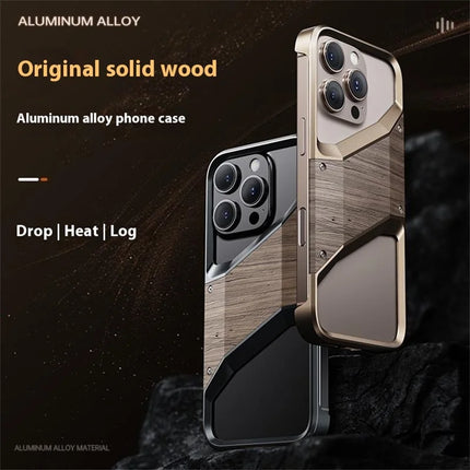 For iPhone 15 Pro Max Bumper Case Aluminum Alloy Wood Frameless Heat Dissipation Phone Cover