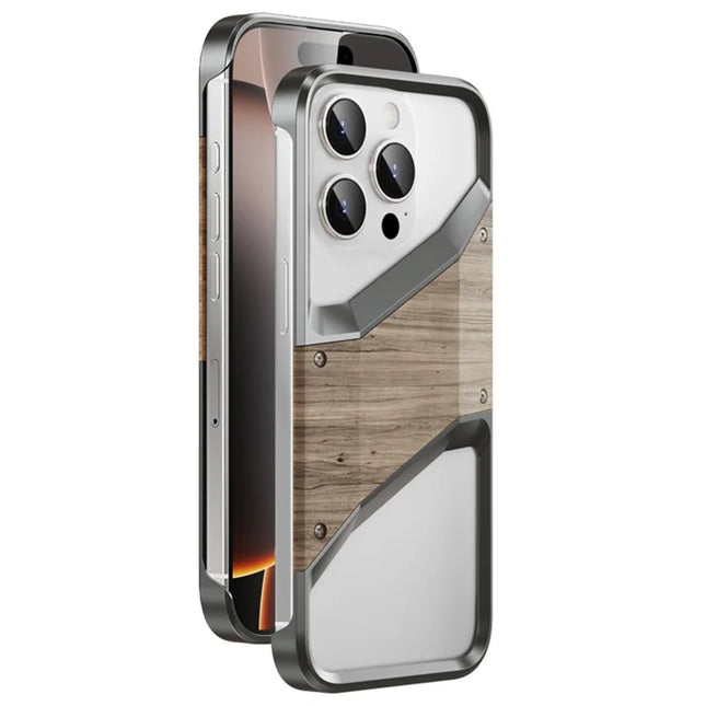 For iPhone 15 Pro Max Bumper Case Aluminum Alloy Wood Frameless Heat Dissipation Phone Cover - Dark Grey