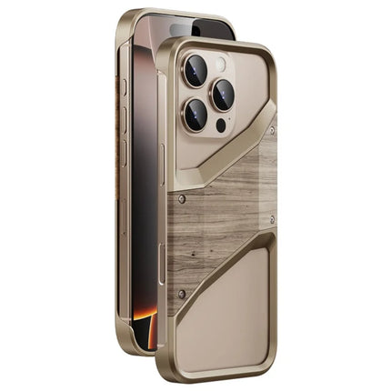For iPhone 16 Pro Max Bumper Case Aluminum Alloy Wood Frameless Heat Dissipation Phone Cover - Desert Gold