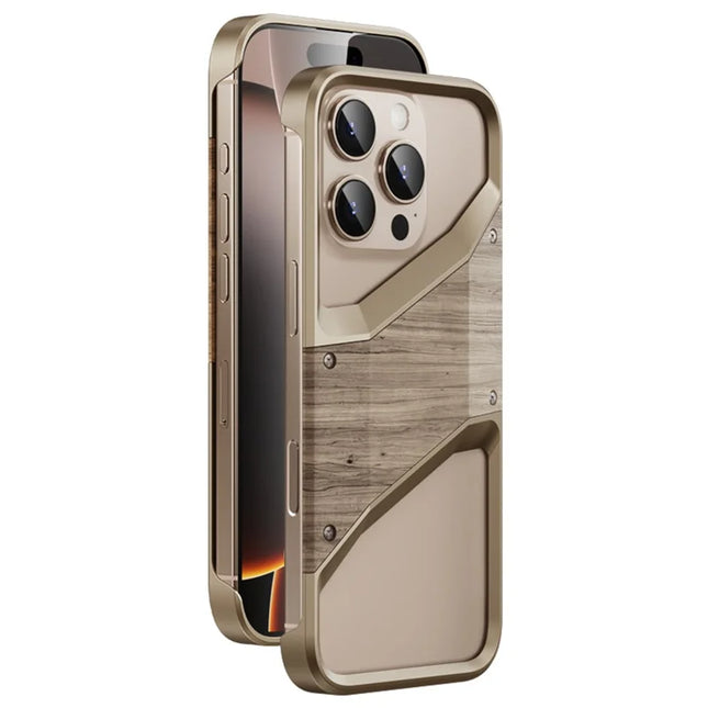 For iPhone 16 Pro Max Bumper Case Aluminum Alloy Wood Frameless Heat Dissipation Phone Cover - Desert Gold
