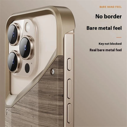 For iPhone 16 Pro Max Bumper Case Aluminum Alloy Wood Frameless Heat Dissipation Phone Cover