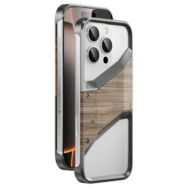 For iPhone 16 Pro Max Bumper Case Aluminum Alloy Wood Frameless Heat Dissipation Phone Cover - Dark Grey