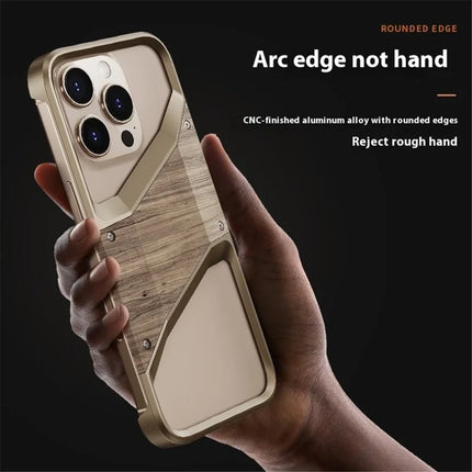 For iPhone 16 Pro Max Bumper Case Aluminum Alloy Wood Frameless Heat Dissipation Phone Cover