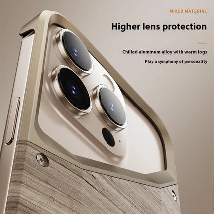 For iPhone 16 Pro Max Bumper Case Aluminum Alloy Wood Frameless Heat Dissipation Phone Cover