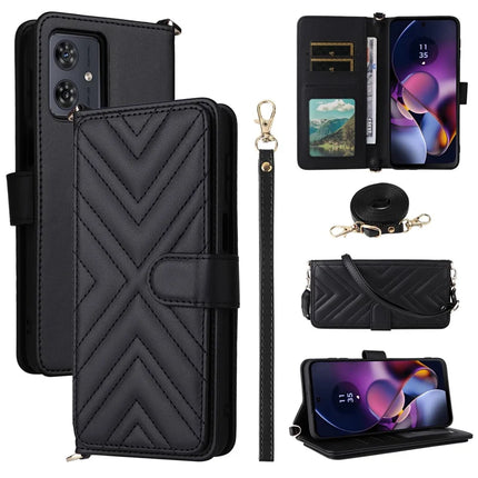 Wallet Phone Case for Motorola Moto G64y 5G / G64 5G / G54 Power 5G / G54 5G Leather Cover with Shoulder Strap - Black