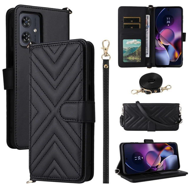 Wallet Phone Case for Motorola Moto G64y 5G / G64 5G / G54 Power 5G / G54 5G Leather Cover with Shoulder Strap - Black