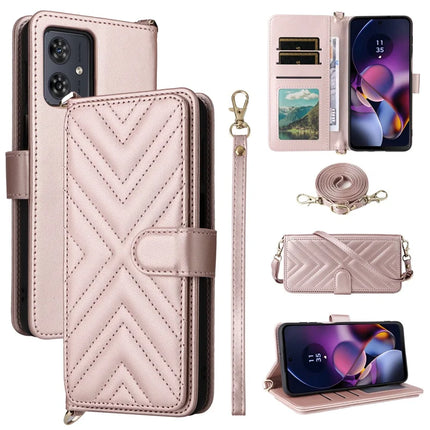 Wallet Phone Case for Motorola Moto G64y 5G / G64 5G / G54 Power 5G / G54 5G Leather Cover with Shoulder Strap - Pink