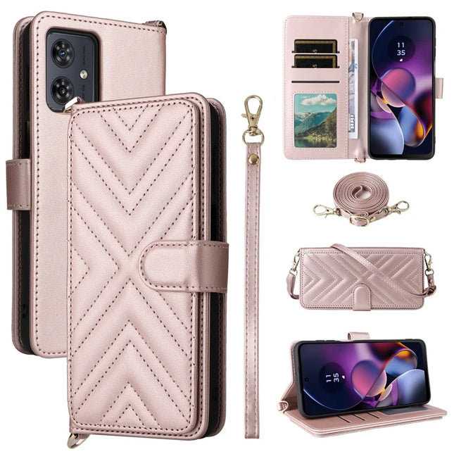 Wallet Phone Case for Motorola Moto G64y 5G / G64 5G / G54 Power 5G / G54 5G Leather Cover with Shoulder Strap - Pink