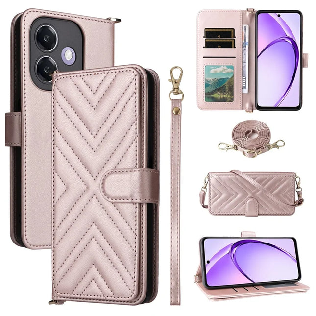 Wallet Phone Case for Oppo A3x 4G / 5G (India) / A3 4G / 5G / A40 4G / A40M 4G / A60 5G / A3i 5G Leather Cover with Shoulder Strap - Pink