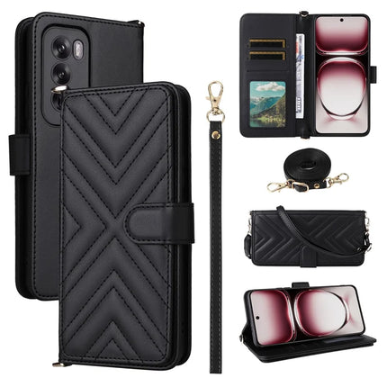 For Oppo Reno12 5G (Global) Wallet Case with Shoulder Strap Leather Phone Cover - Black
