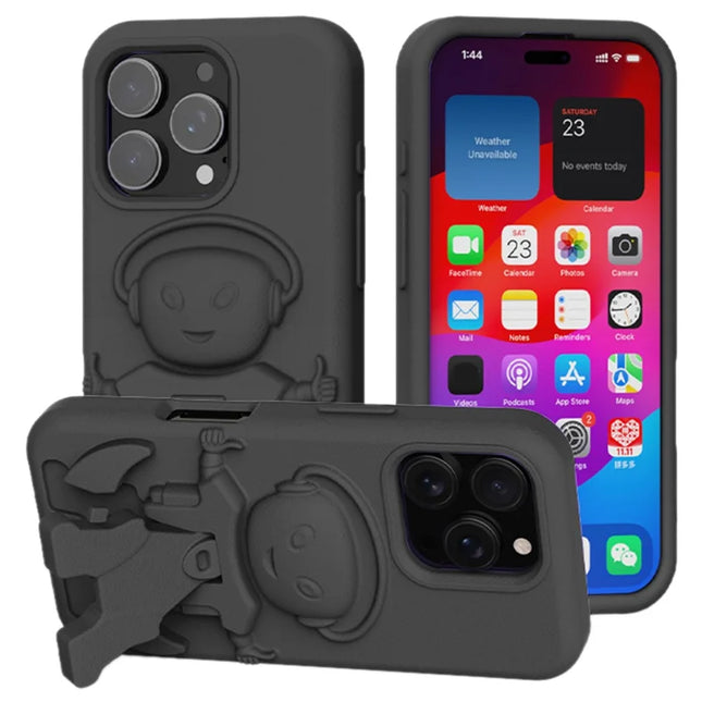 For iPhone 16 Pro Max Case EVA Mecha-Inspired Kickstand Shockproof Protection Cover - Black