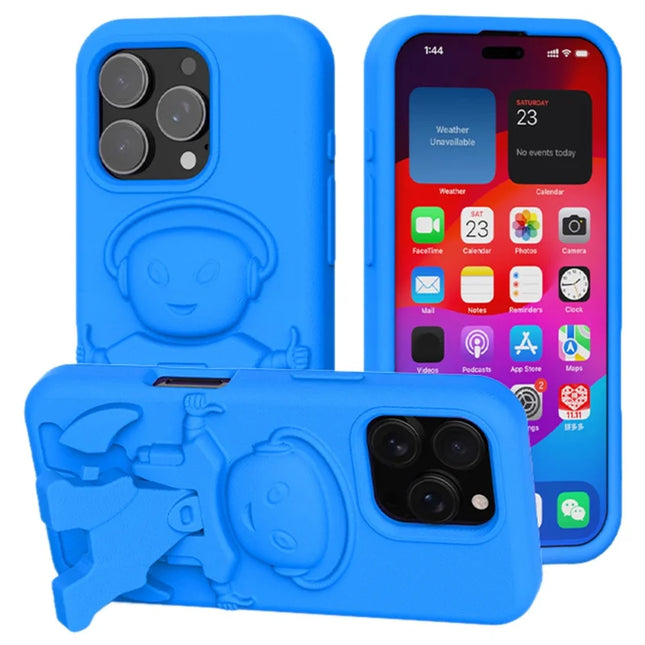 For iPhone 16 Pro Max Case EVA Mecha-Inspired Kickstand Shockproof Protection Cover - Blue