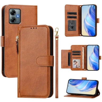 For Motorola Moto G Play (2025) 4G Case Zipper Pocket Multiple Card Slots Leather Phone Cover - Brown