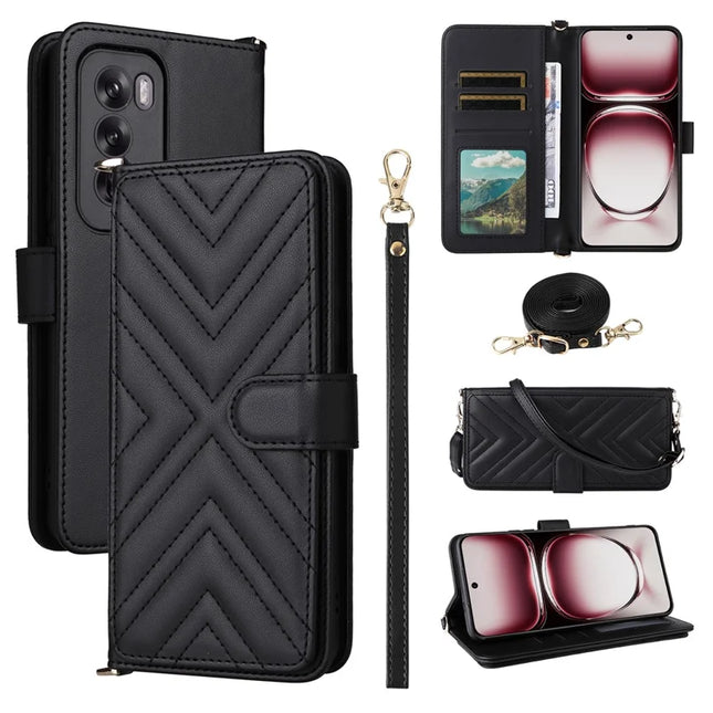 For Oppo Reno12 Pro 5G (Global) Wallet Case with Shoulder Strap Leather Phone Cover - Black