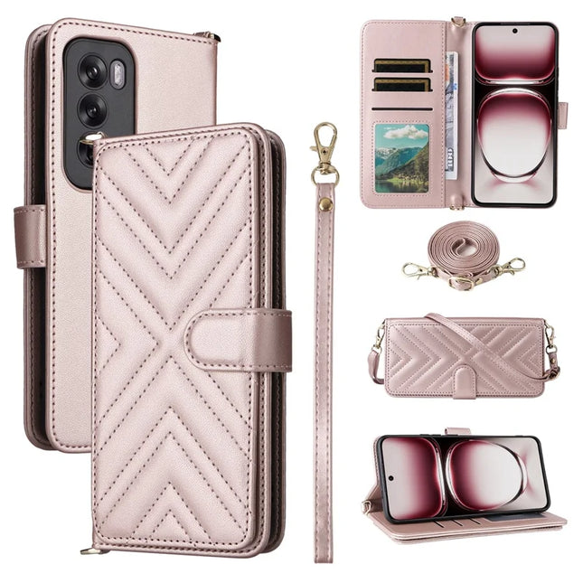 For Oppo Reno12 Pro 5G (Global) Wallet Case with Shoulder Strap Leather Phone Cover - Pink