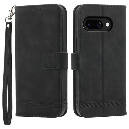 DIERFENG DF-03 For Google Pixel 9a Leather Case Lines Imprint Wallet Phone Cover - Black