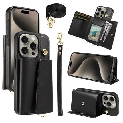For iPhone 15 Pro Max Crossbody Phone Case Card Holder Kickstand Leather Coated TPU Mobile Cover - Black