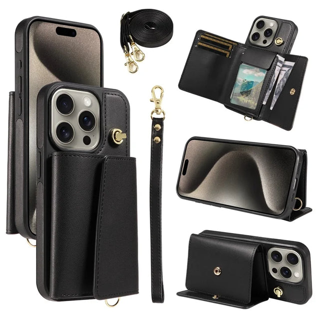 For iPhone 15 Pro Max Crossbody Phone Case Card Holder Kickstand Leather Coated TPU Mobile Cover - Black