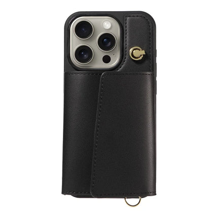 For iPhone 15 Pro Max Crossbody Phone Case Card Holder Kickstand Leather Coated TPU Mobile Cover