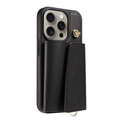 For iPhone 15 Pro Max Crossbody Phone Case Card Holder Kickstand Leather Coated TPU Mobile Cover