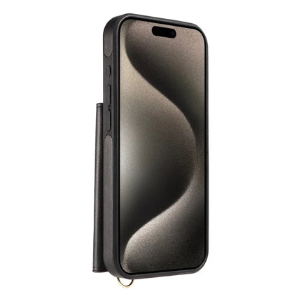 For iPhone 15 Pro Max Crossbody Phone Case Card Holder Kickstand Leather Coated TPU Mobile Cover