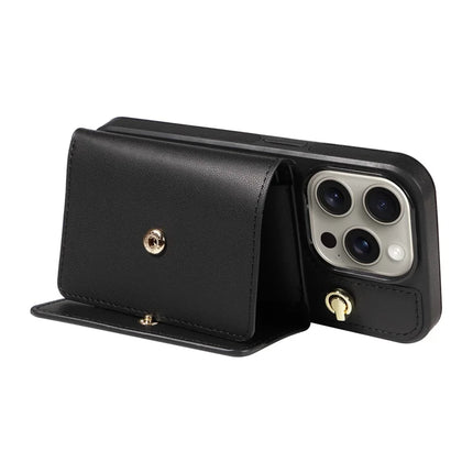 For iPhone 15 Pro Max Crossbody Phone Case Card Holder Kickstand Leather Coated TPU Mobile Cover