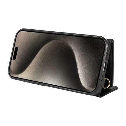 For iPhone 15 Pro Max Crossbody Phone Case Card Holder Kickstand Leather Coated TPU Mobile Cover
