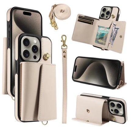 For iPhone 15 Pro Max Crossbody Phone Case Card Holder Kickstand Leather Coated TPU Mobile Cover - Beige