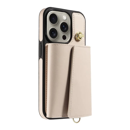 For iPhone 15 Pro Max Crossbody Phone Case Card Holder Kickstand Leather Coated TPU Mobile Cover