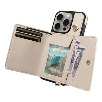 For iPhone 15 Pro Max Crossbody Phone Case Card Holder Kickstand Leather Coated TPU Mobile Cover