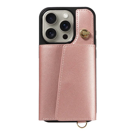 For iPhone 15 Pro Max Crossbody Phone Case Card Holder Kickstand Leather Coated TPU Mobile Cover