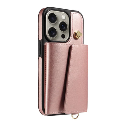 For iPhone 15 Pro Max Crossbody Phone Case Card Holder Kickstand Leather Coated TPU Mobile Cover
