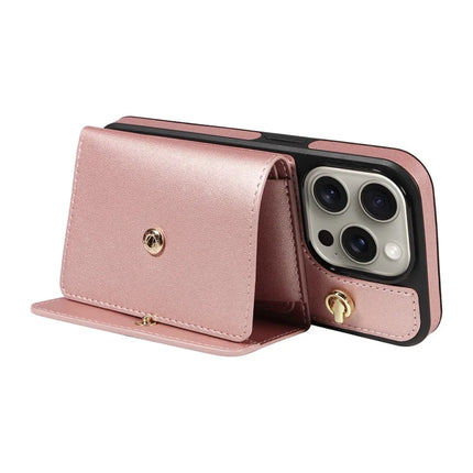 For iPhone 15 Pro Max Crossbody Phone Case Card Holder Kickstand Leather Coated TPU Mobile Cover