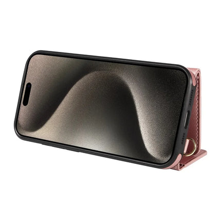 For iPhone 15 Pro Max Crossbody Phone Case Card Holder Kickstand Leather Coated TPU Mobile Cover