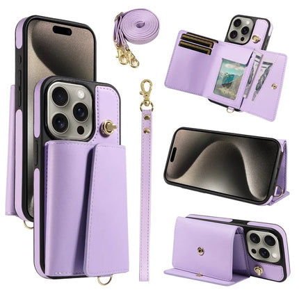 For iPhone 15 Pro Max Crossbody Phone Case Card Holder Kickstand Leather Coated TPU Mobile Cover - Purple