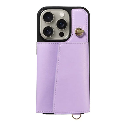 For iPhone 15 Pro Max Crossbody Phone Case Card Holder Kickstand Leather Coated TPU Mobile Cover