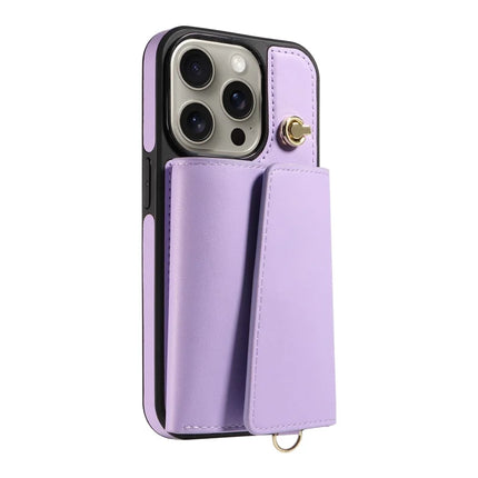 For iPhone 15 Pro Max Crossbody Phone Case Card Holder Kickstand Leather Coated TPU Mobile Cover