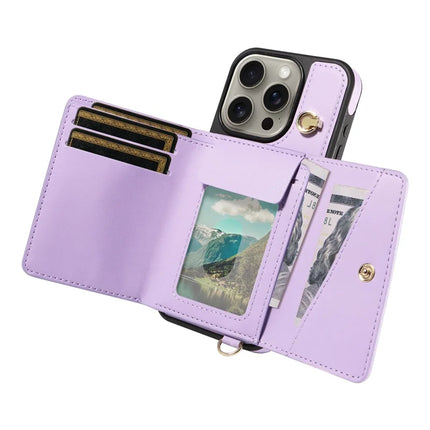 For iPhone 15 Pro Max Crossbody Phone Case Card Holder Kickstand Leather Coated TPU Mobile Cover