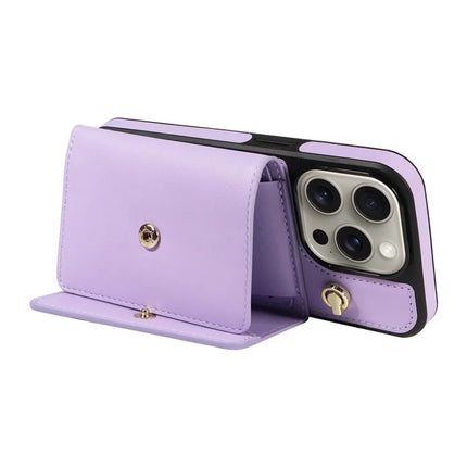 For iPhone 15 Pro Max Crossbody Phone Case Card Holder Kickstand Leather Coated TPU Mobile Cover