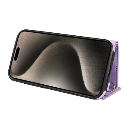 For iPhone 15 Pro Max Crossbody Phone Case Card Holder Kickstand Leather Coated TPU Mobile Cover