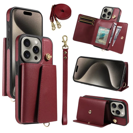 For iPhone 15 Pro Max Crossbody Phone Case Card Holder Kickstand Leather Coated TPU Mobile Cover - Wine Red