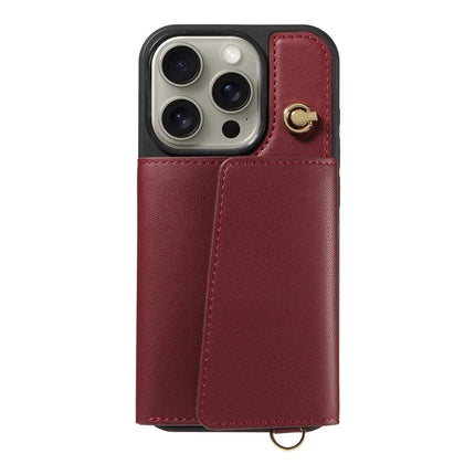 For iPhone 15 Pro Max Crossbody Phone Case Card Holder Kickstand Leather Coated TPU Mobile Cover