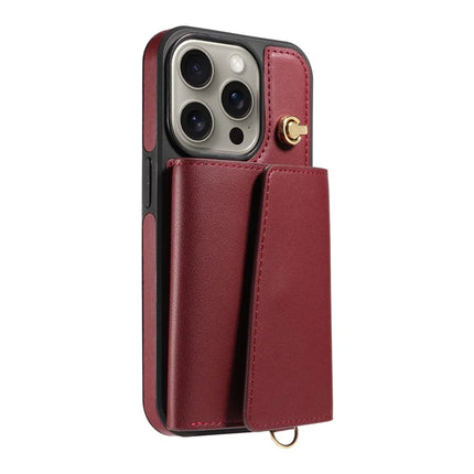 For iPhone 15 Pro Max Crossbody Phone Case Card Holder Kickstand Leather Coated TPU Mobile Cover