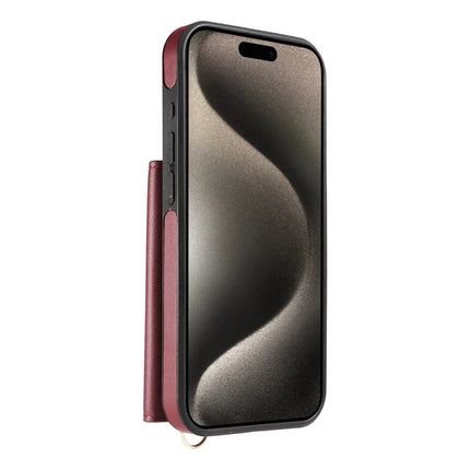 For iPhone 15 Pro Max Crossbody Phone Case Card Holder Kickstand Leather Coated TPU Mobile Cover
