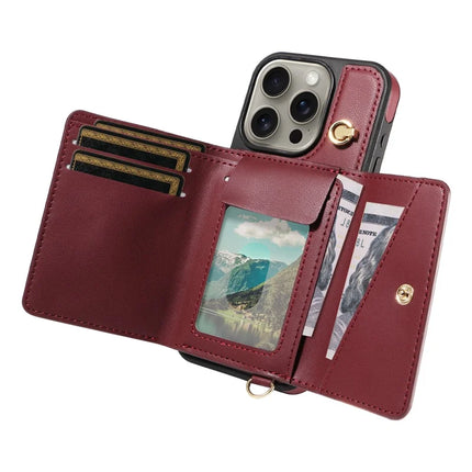 For iPhone 15 Pro Max Crossbody Phone Case Card Holder Kickstand Leather Coated TPU Mobile Cover